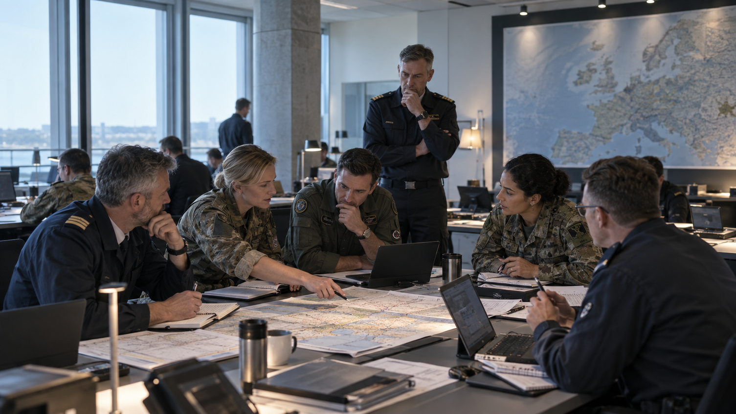 Defence staff working together around a planning table